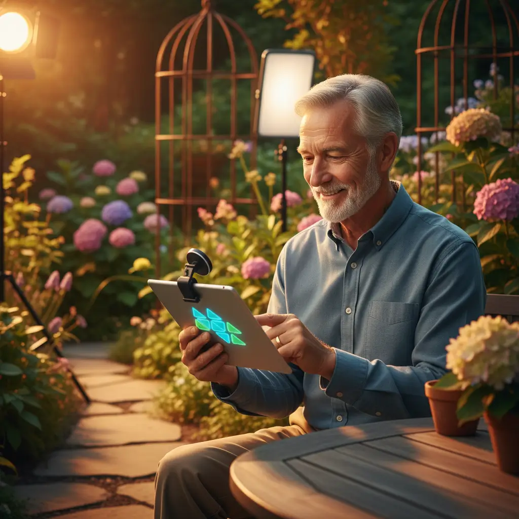 Older man using tablet in garden