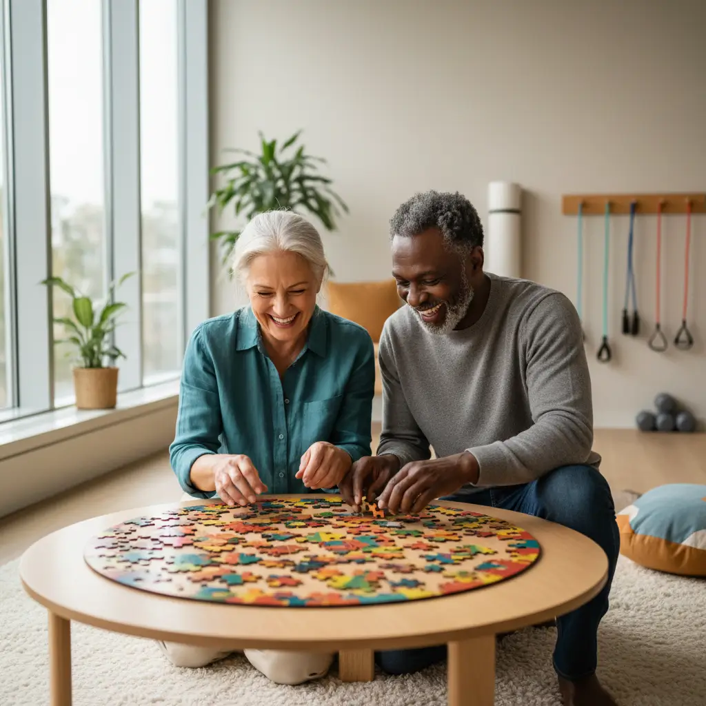 Couple solving colorful puzzle