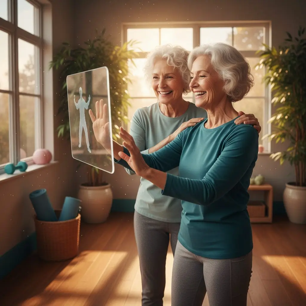 Older women using holographic fitness screen