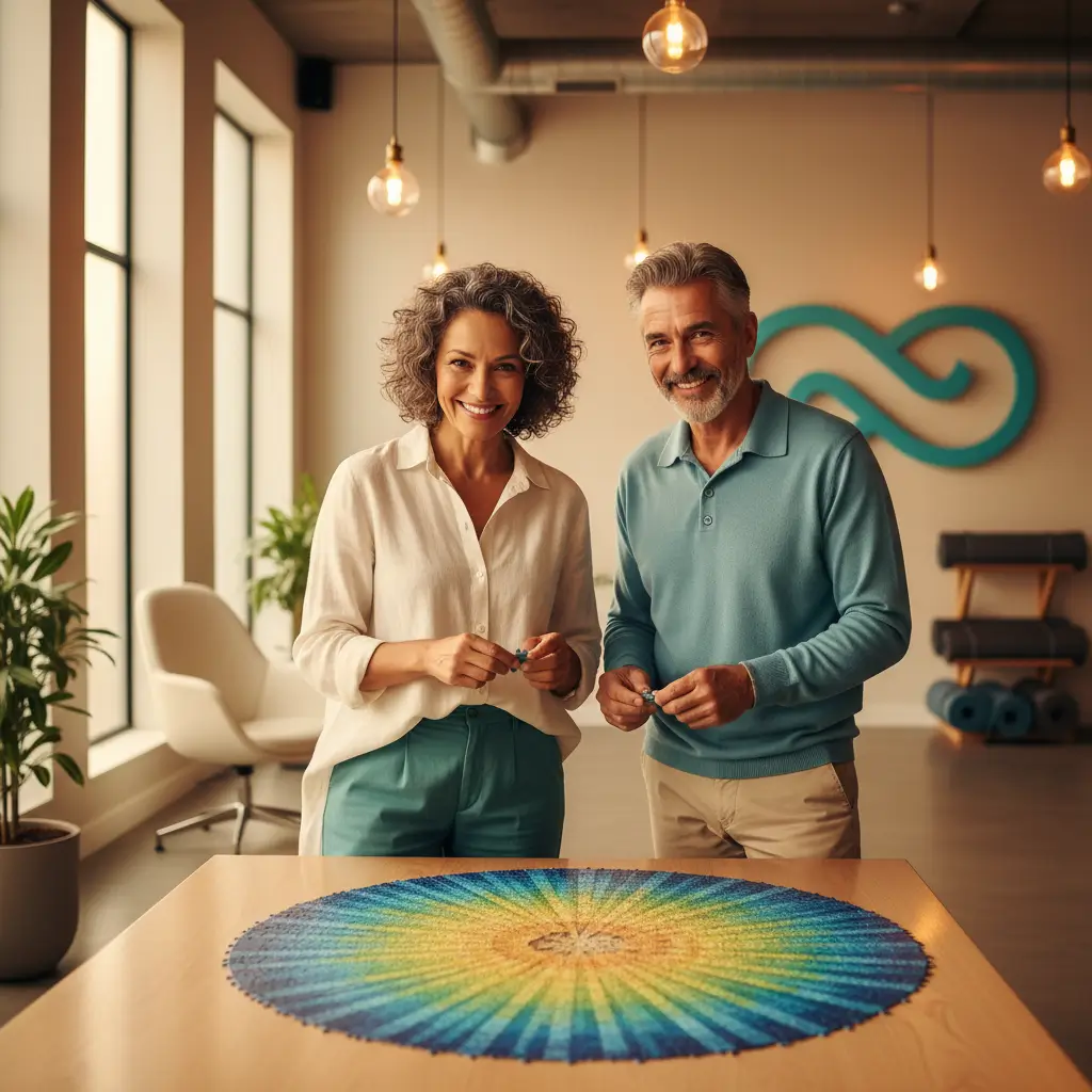 Couple solving colorful circular puzzle